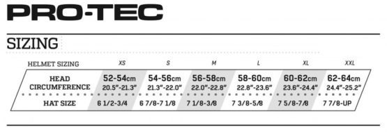 Pro-Tec helmet size chart